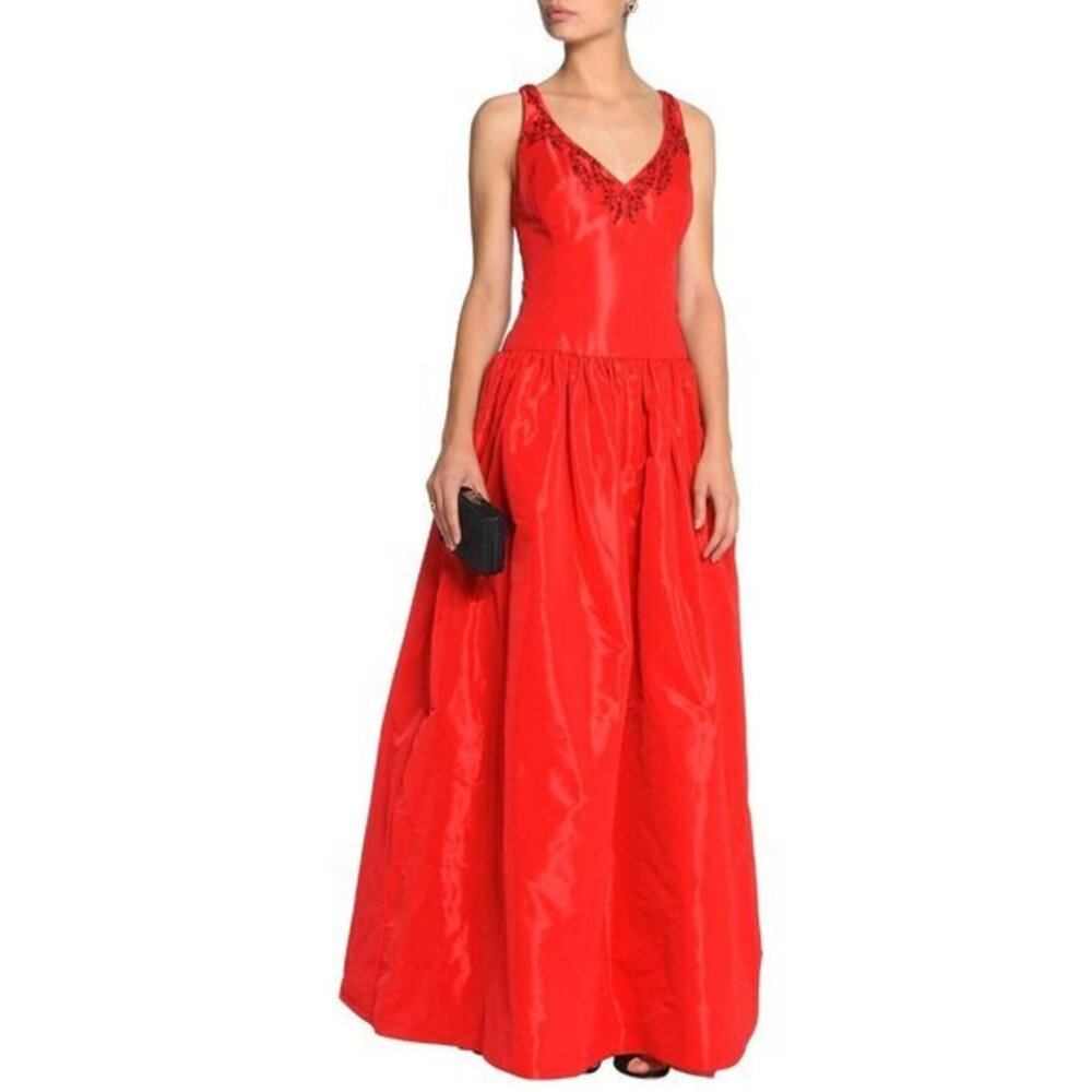 Marchesa Notte Red Taffeta Satin Ball Gown A Line Embellished Dress NWT